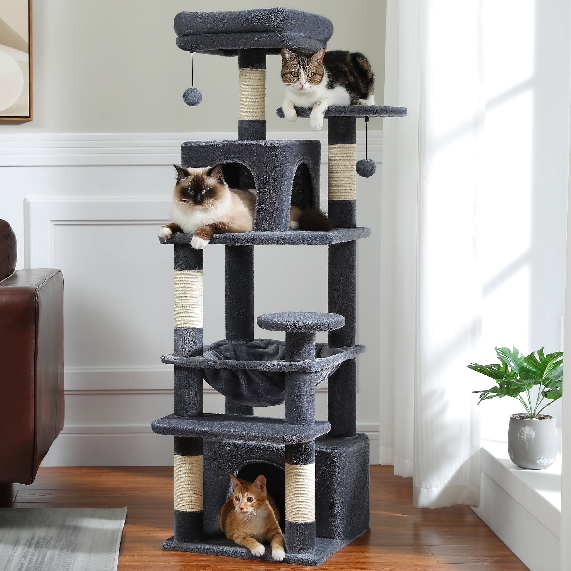 PAWZ Road Cat Tree Tower 54" Multi-Level Cat Condo with 5 Scratching Posts for indoor Cats, Dark Gray