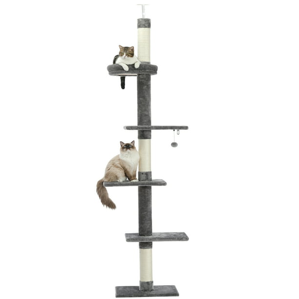 PAWZ Road Cat Tree Floor to Ceiling 5-Tier Cat Tower Height Adjustable Sisal  Scratching Post 95"- 107", Gray