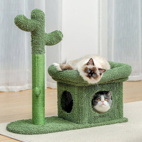 PAWZ Road 27.6" Cactus Cat Tree Tower with Sisal Scratch Post and 2-Doors Condo for Small cat Green