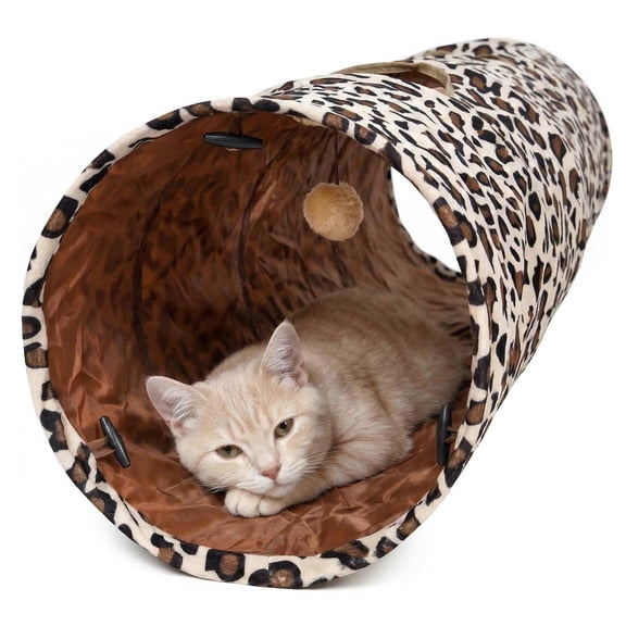 PAWZ Road Leopard Print Cat Tunnel, Plush Cat Cave Hideaway with Dual Top Openings, for All Size Cats