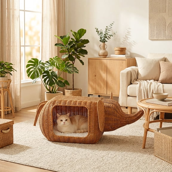 PAWZ Road Elephant Shaped Cat House, Handwoven Rattan Cat Condo with Removable Cushion, Modern Cat Nest for Indoor & Outdoor, Brown
