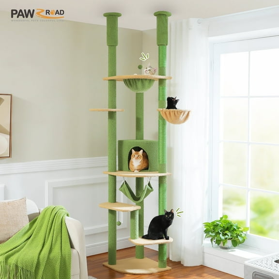 PAWZ Road Floor to Ceiling Cat Tree 92"-102" Adjustable Cat Tree Multi-Level Cat Tower for Indoor Cats, Green