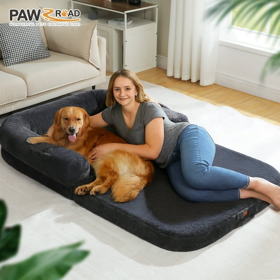 PAWZ Road Foldable Dog Bed for Child, Human Sized Plush Dog Bed Waterproof for Large Dogs, Dark Gray