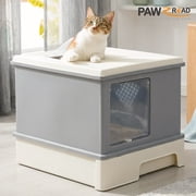 Pawzroad Large Cat Litter Box with Lid, Double-Layer Leak-Proof Litter Box with Cover, Enclosed & Odor Control, Gray