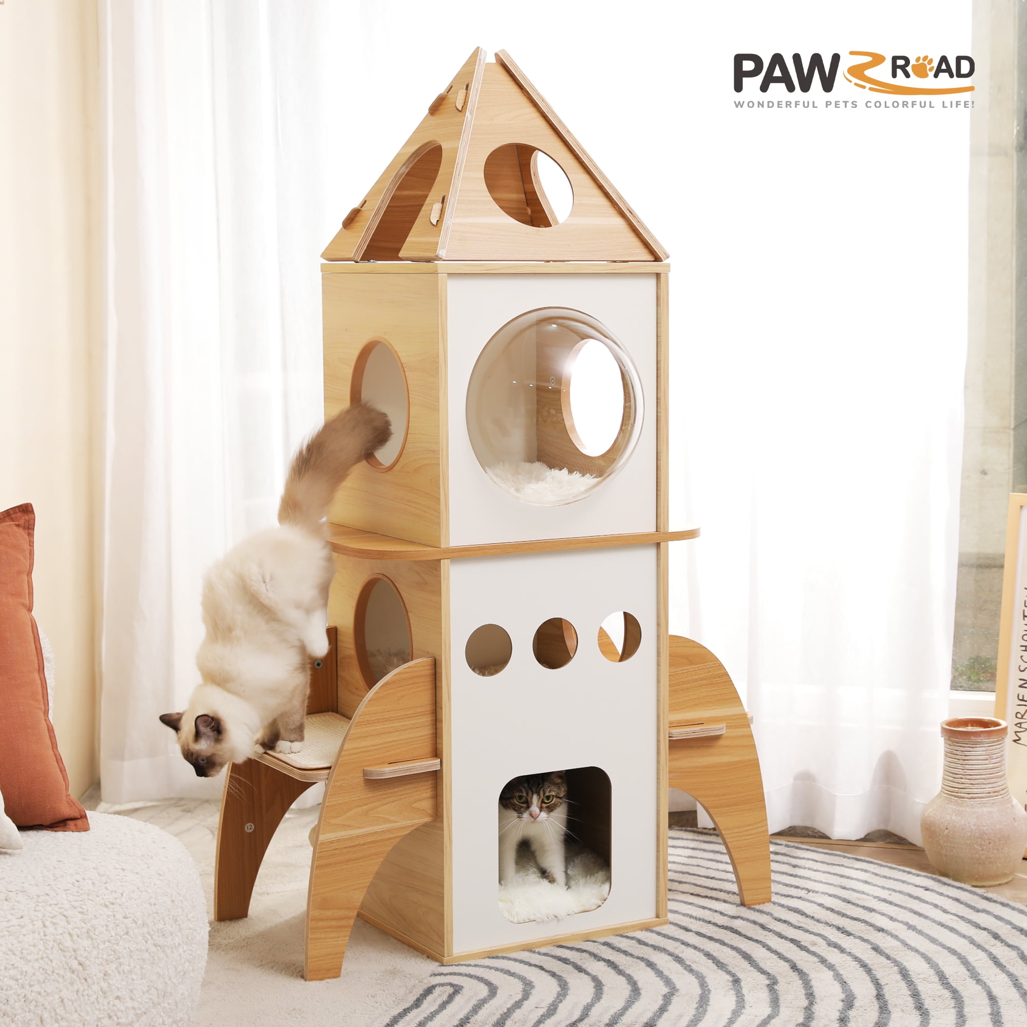 Free Shipping! PAWZ Road Modern Cat Tree 54" Rocket Cat Tower Spaceship 3 Condo Cat Furniture for Indoor Cats, Beige