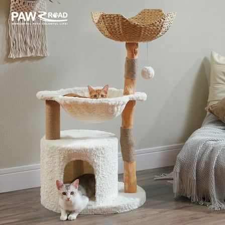 PAWZ Road Modern Cat Tree Natural Branch Cat Tower Luxury Furniture with Scratching Posts, White