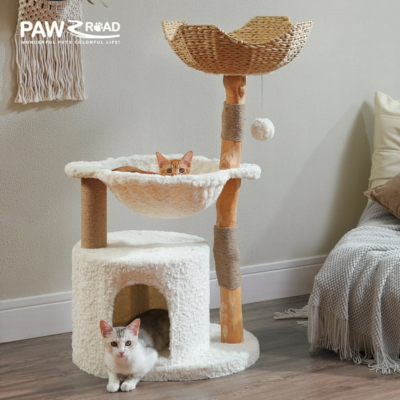 PAWZ Road Modern Cat Tree Natural Branch Cat Tower Luxury Furniture with Scratching Posts, White