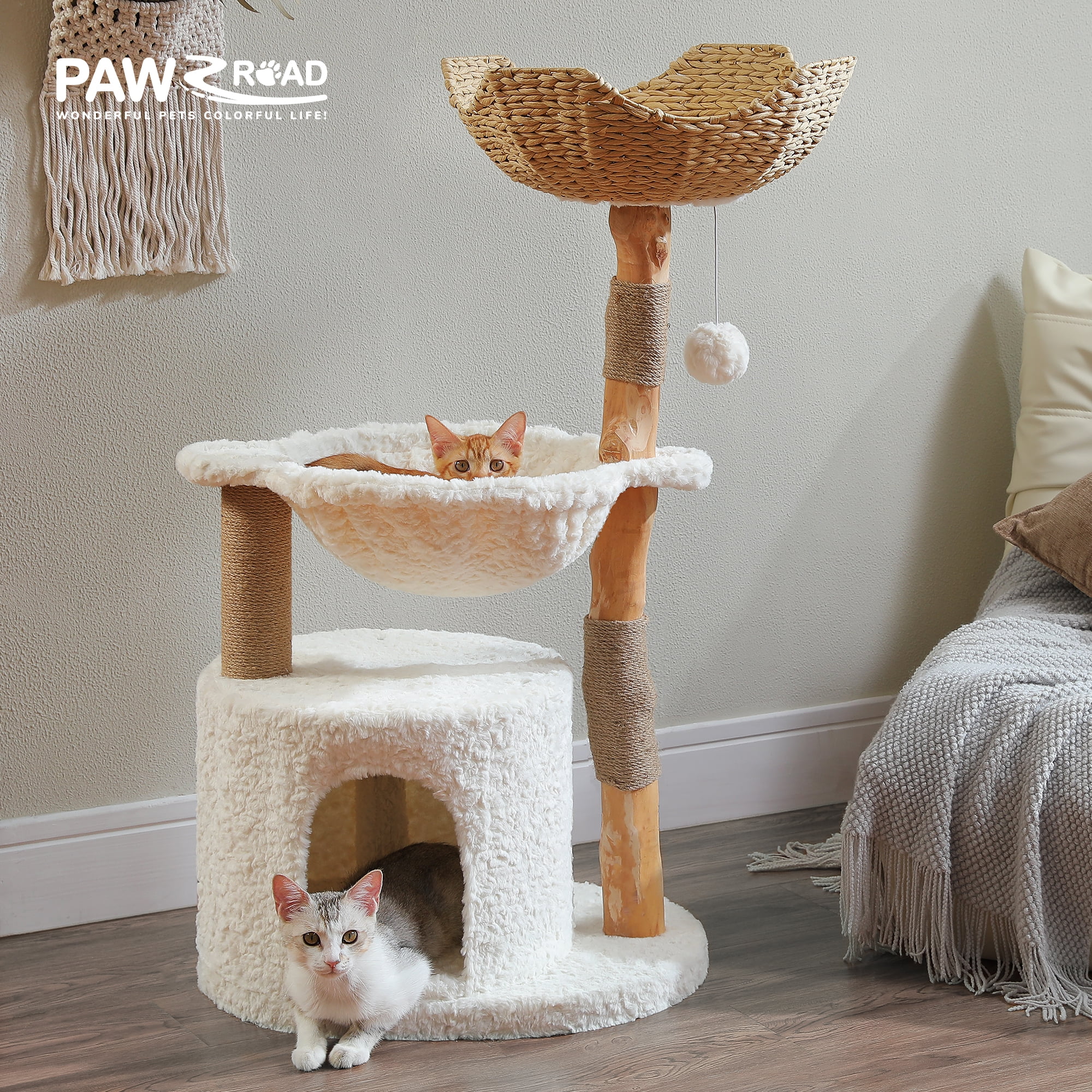 PAWZ Road Modern Cat Tree Natural Branch Cat Tower Luxury Furniture with Scratching Posts, White