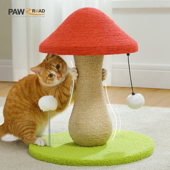 PAWZ Road Small 17.7" Mushroom Cat Scratching Post Sisal Claw Scratcher with Pompoms for Kittens Red