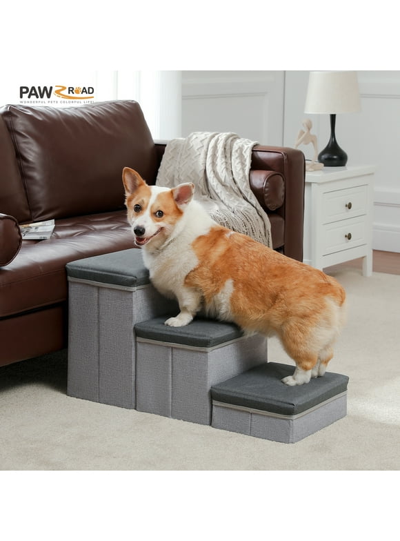 PAWZ Road Pet Stairs 3-Step Dog Ramp Ladder with Storage Boxes Folding Dog Ramp for Small Medium Dogs,Dark Gray