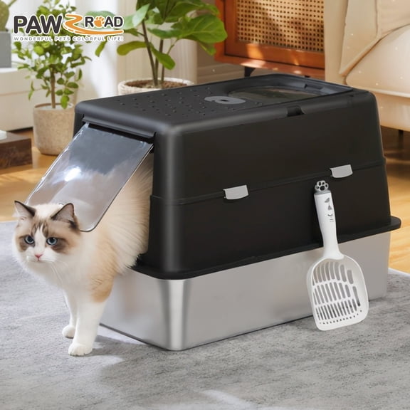 PAWZ Road Stainless Steel Litter Box, Enclosed Large Cat Litter Box with Scoop, Odor Control Easy Clean, Black