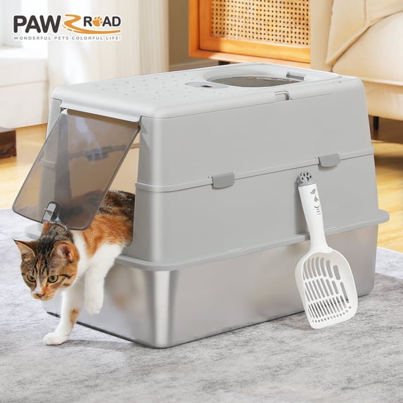 PAWZ Road Stainless Steel Litter Box, Enclosed Large Cat Litter Box with Scoop, Odor Control Easy Clean, Gray