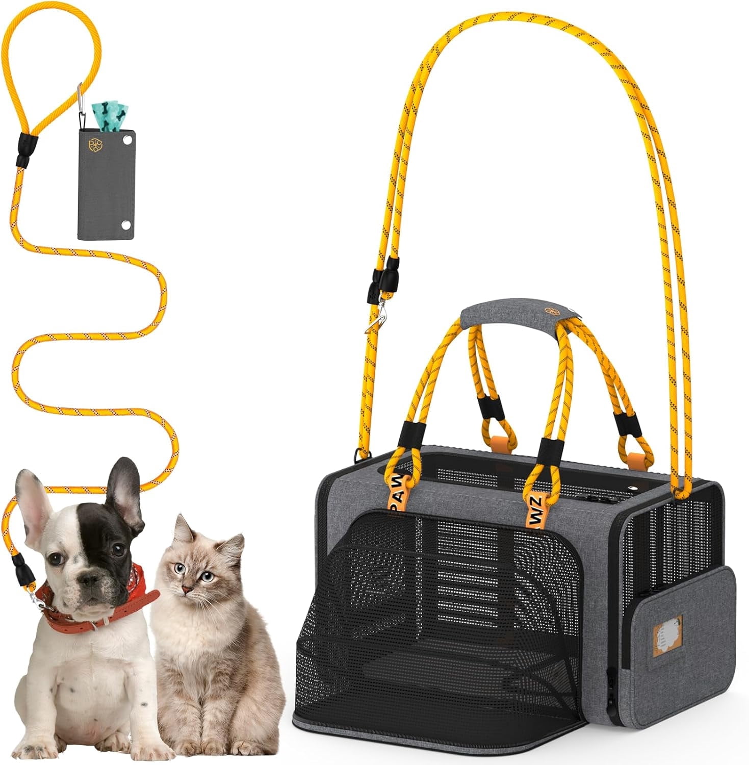 PAWZIDEA Expandable Cat Carrier w/ID Card, 18X11X11 TSA Airline Approved Pet Carrier for 2 Cats Under Seat, Soft-Sided Collapsible Small Dog Carrier Car Seat Travel Bag, Shoulder Strap as Dog Leash