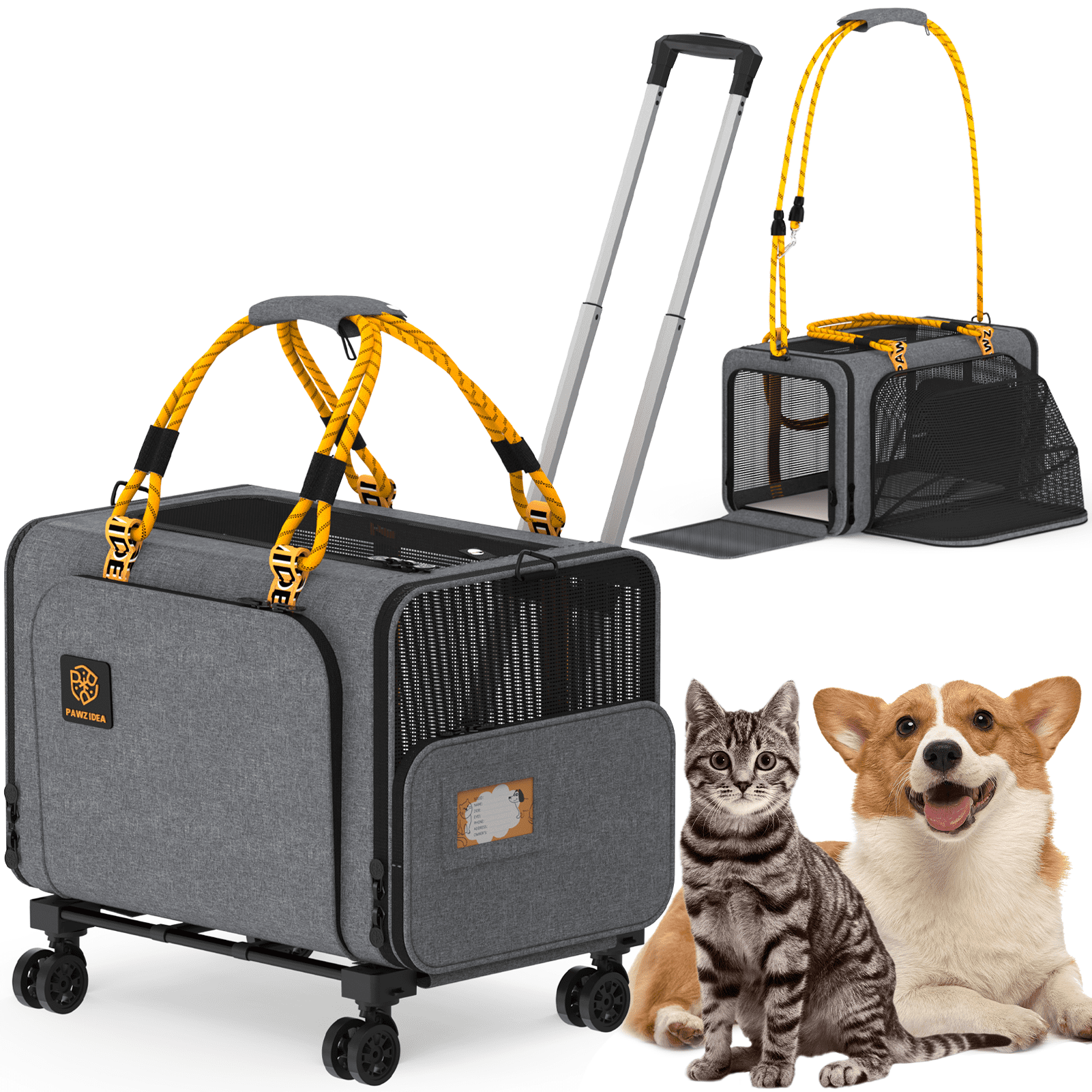 PAWZIDEA Expandable Large Pet Carrier with Wheels, 24x16x16 in Rolling Cat Carrier for 2–4 Cats up 55lb, Soft-Sided Collapsible Small Medium Dog Crate for Car Travel, Telescopic Handle