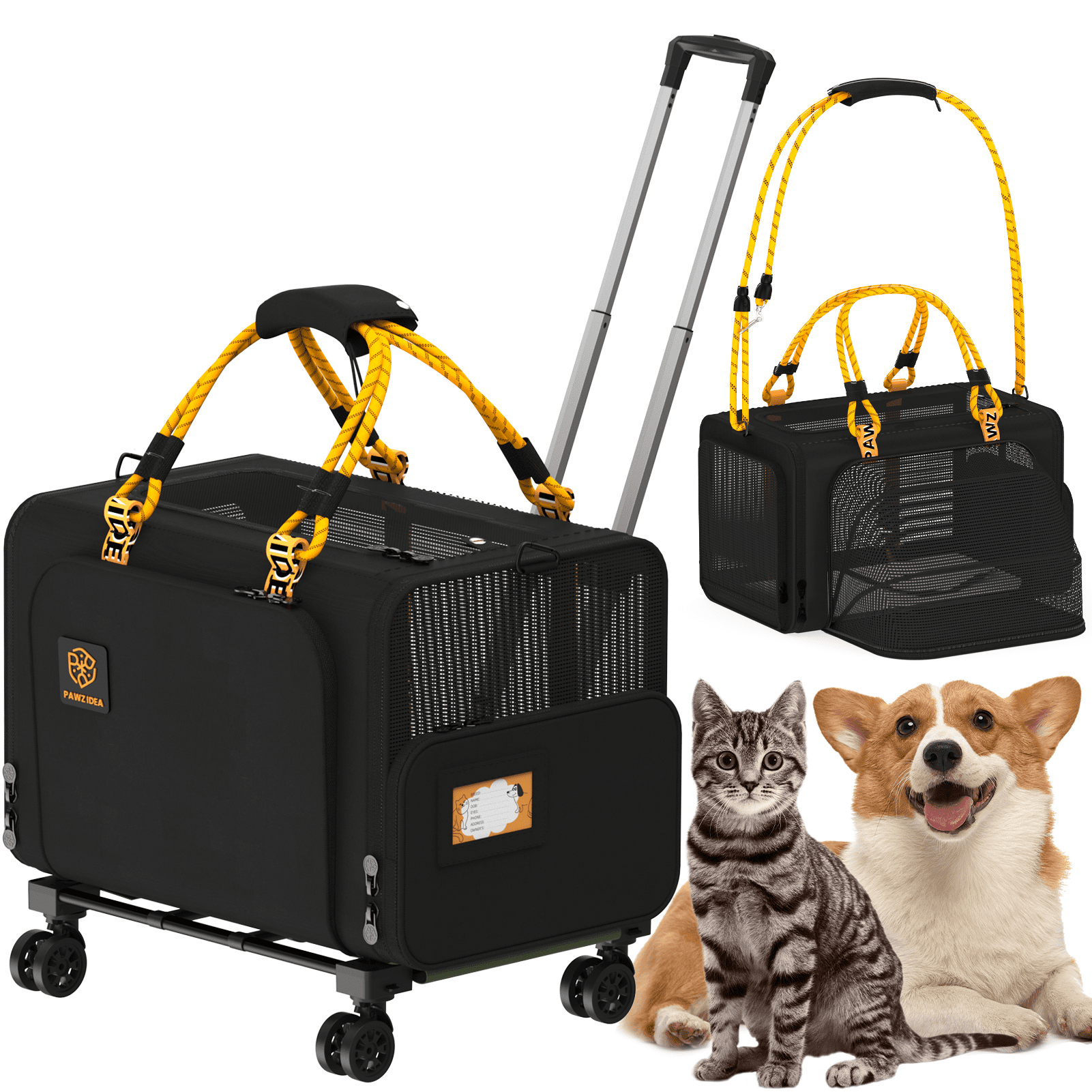 PAWZIDEA Expandable Large Pet Carrier with Wheels, 24x16x16 in Rolling Cat Carrier for 2–4 Cats up 55lb, Soft-Sided Collapsible Small Medium Dog Crate for Car Travel, Telescopic Handle