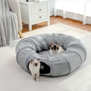 PAWZRoad Cat Tunnel with Soft Cushion 2-in-1 Collapsible Hideaway Round Shape,Gray