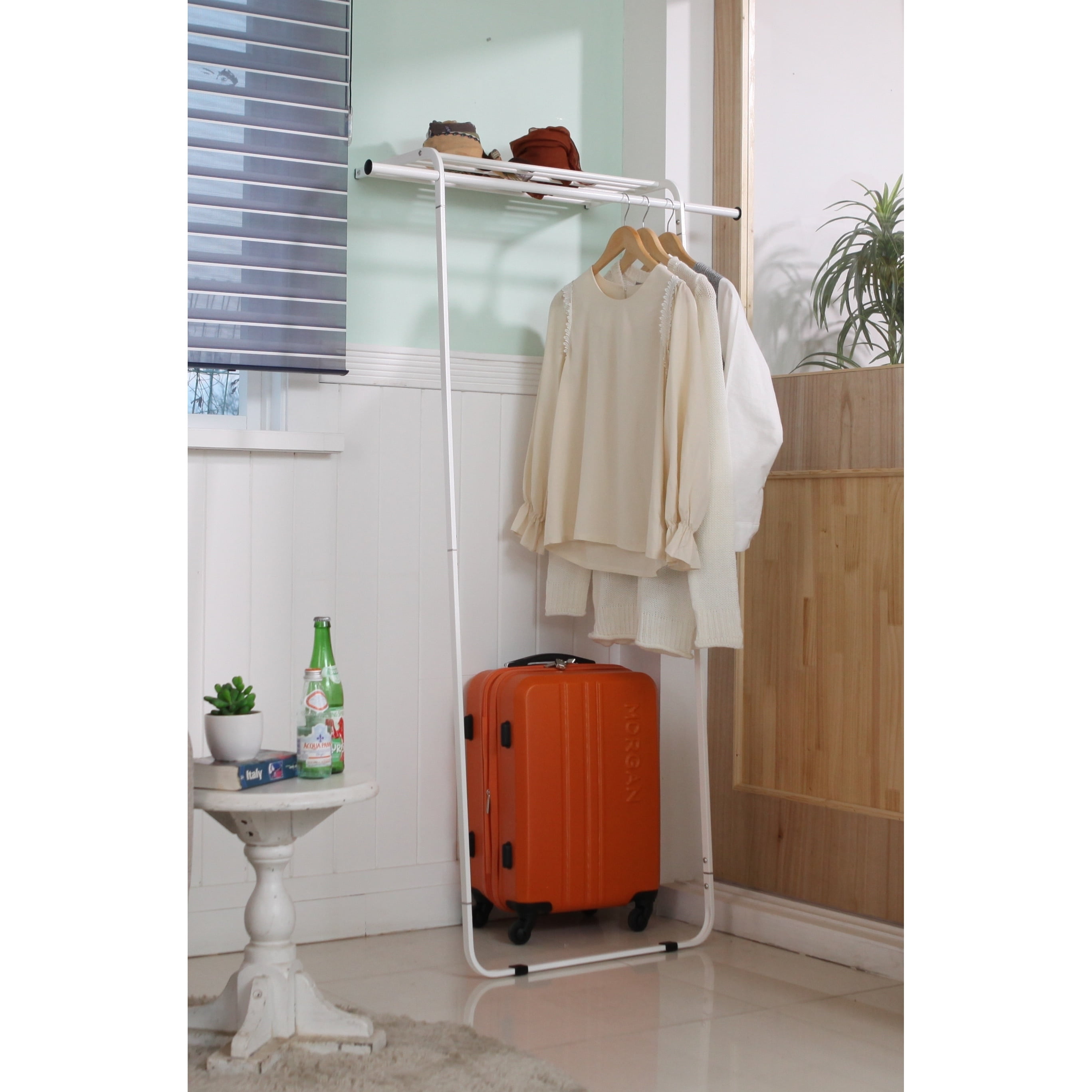 White Portable Leaning Garment Rack with Shelf