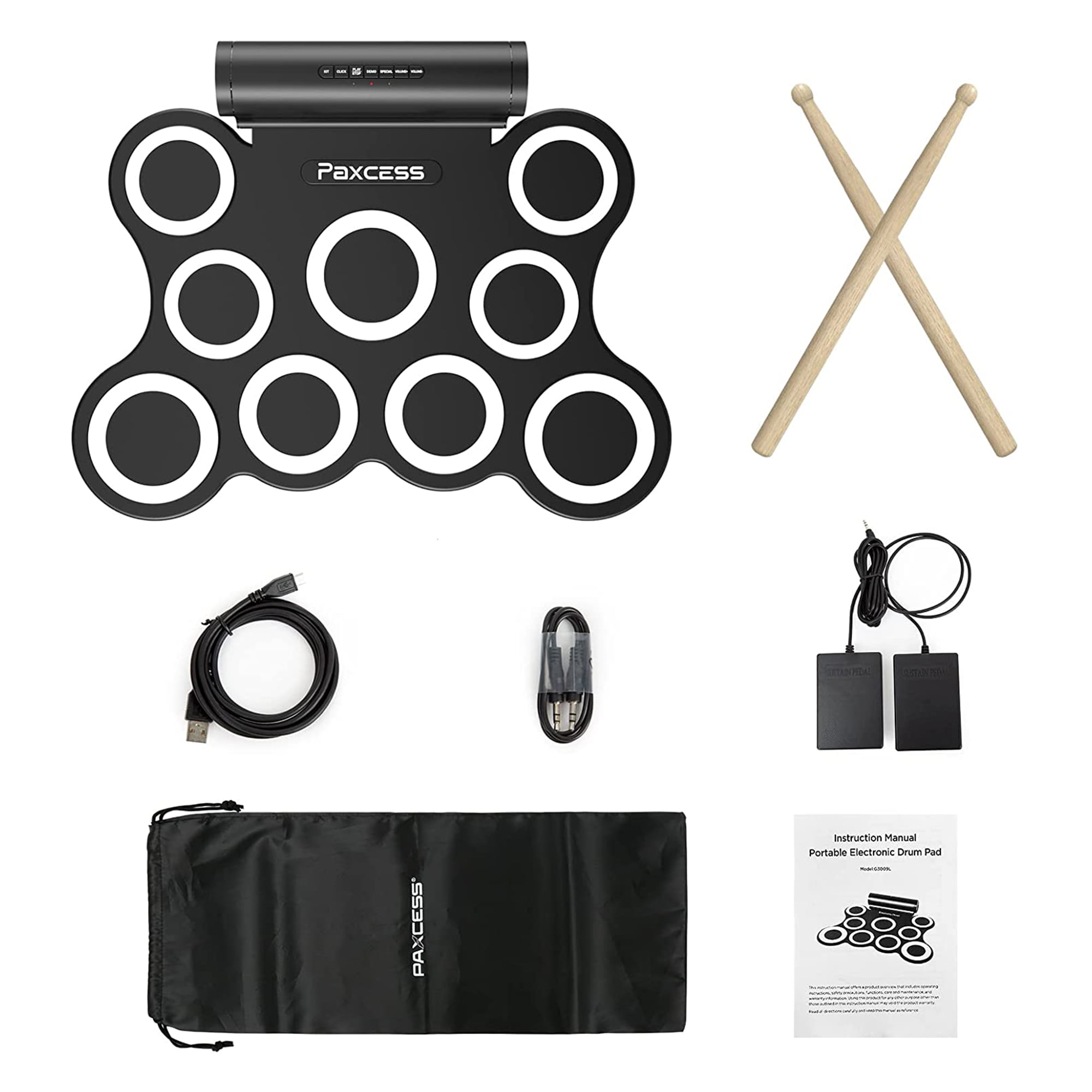 PAXCESS 9 Pad Electronic Drum Set w/ Pedals, Built-In Speaker, and Battery