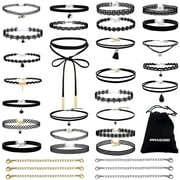 PAXCOO 32 PCS Choker Necklaces Set Including 26 Pcs Black Choker Necklaces and 6 Pcs Extender Chains for Women Girls