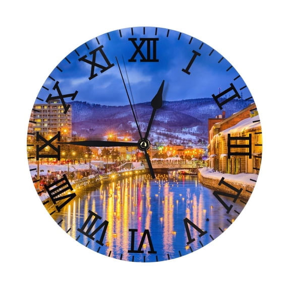 PAYOHTO 10''Wall Clock Winter Lighting in Otaru,Japan, Frameless Battery Operated Silent Non-Ticking Electronic Clock for Office Living Room Bedroom