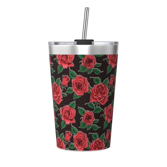 PAYOHTO Beautiful Vintage Roses Floral Insulated Stainless Steel Tumbler 12 oz Thermos Come with Straw Kids Leak-Proof Travel Mug Cup