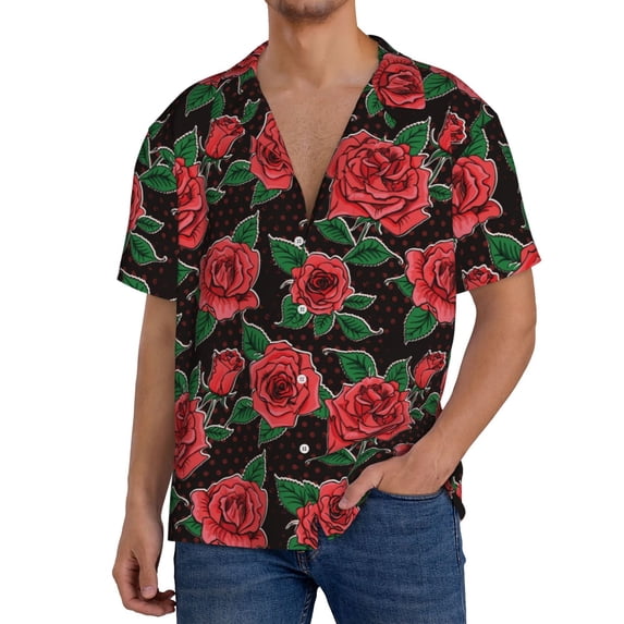 PAYOHTO Beautiful Vintage Roses Floral Mens Hawaiian Casual Short-sleeved Shirt Tropical Summer Beach Button Down Shirts