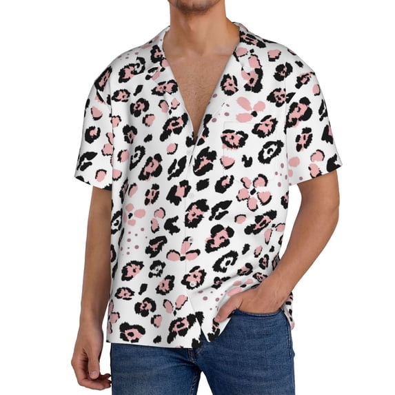 PAYOHTO Black Spotted Leopard Print & Pink Flower Mens Hawaiian Casual Short-sleeved Shirt Tropical Summer Beach Button Down Shirts