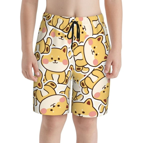 PAYOHTO Boy Swim Trunks Large Size 14-16 Teens Boy Beach Board Shorts Shiba Inu Dog Cartoon in Sitting Pose Quick Dry Bathing Suit Swimwear