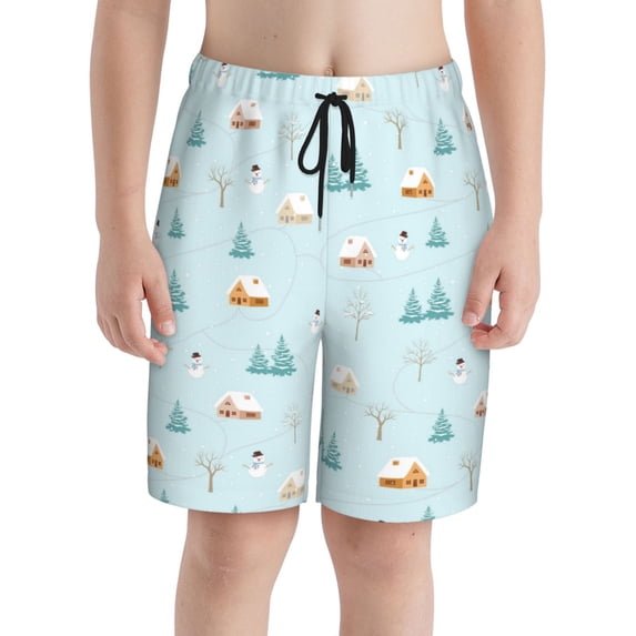 PAYOHTO Boy Swim Trunks Large Size 14-16 Teens Boy Beach Board Shorts Snowy Rural in Winter Christmas Quick Dry Bathing Suit Swimwear