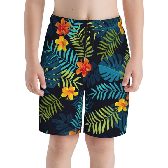PAYOHTO Boy Swim Trunks Medium Size 10-12 Teens Boy Beach Board Shorts Black Tropical Plant Leaves Quick Dry Bathing Suit Swimwear