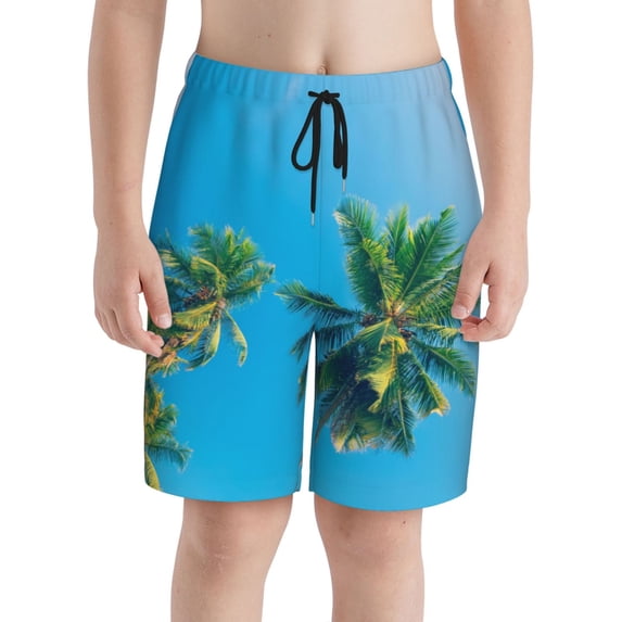 PAYOHTO Boy Swim Trunks Medium Size 10-12 Teens Boy Beach Board Shorts Palm Trees Over Clear Blue Sky Quick Dry Bathing Suit Swimwear
