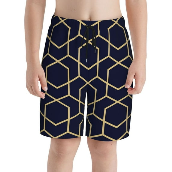 PAYOHTO Boy Swim Trunks Small Size 7-8 Teens Boy Beach Board Shorts Blue-Black and Gold Textures Quick Dry Bathing Suit Swimwear