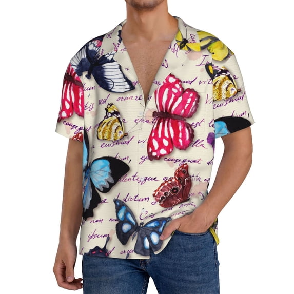 PAYOHTO Butterflies Colorful Vintage Mens Hawaiian Casual Short-sleeved Shirt Tropical Summer Beach Button Down Shirts