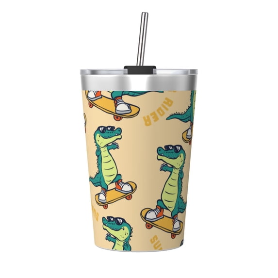 PAYOHTO Cartoon Crocodile Insulated Stainless Steel Tumbler 12 oz Thermos Come with Straw Kids Leak-Proof Travel Mug Cup