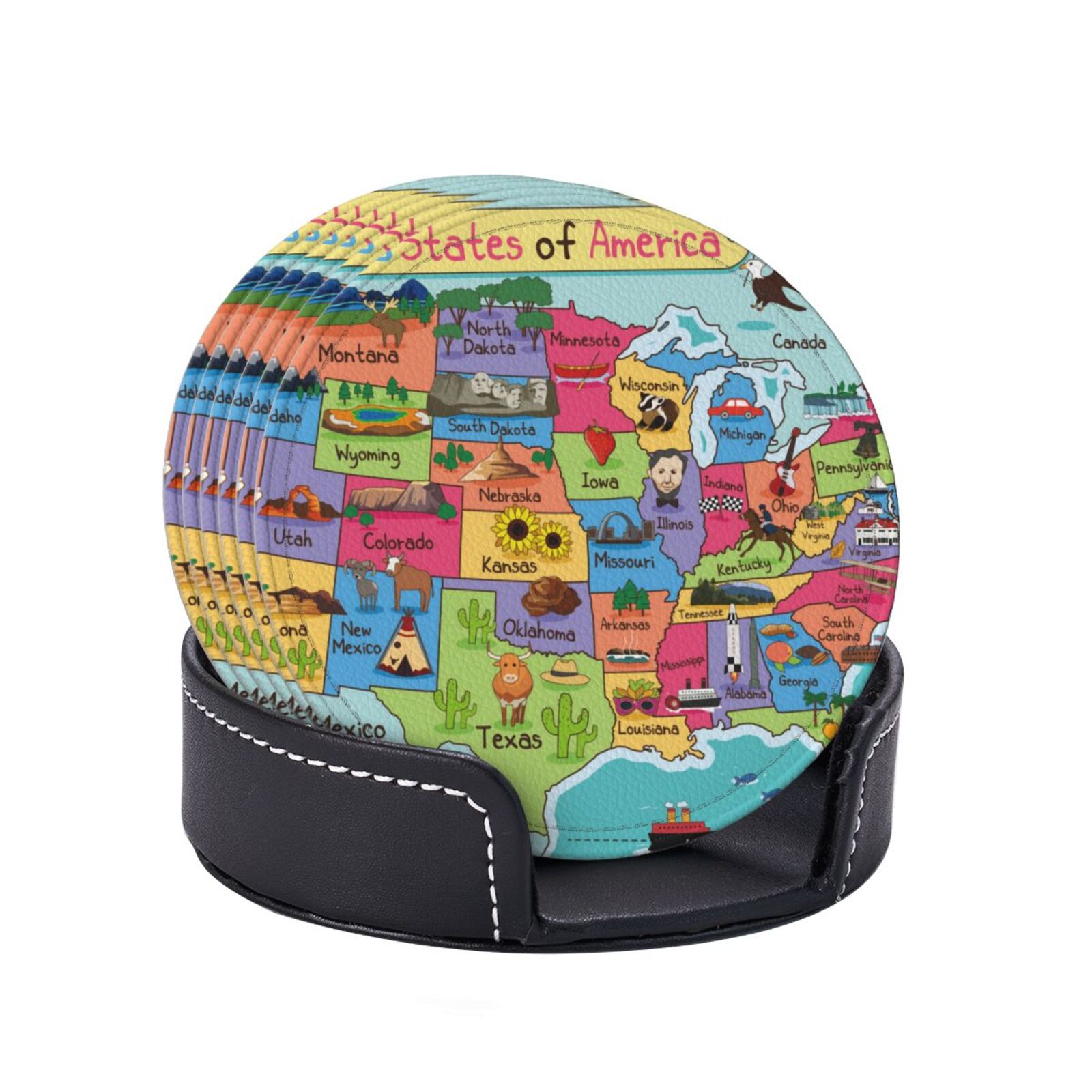 Round Map Coaster PAYOHTO Cartoon USA Map Premium PU Leather Coasters Set - 6 Stylish ...