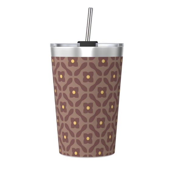 PAYOHTO Coffee Coloured Flowers Insulated Stainless Steel Tumbler 12 oz Thermos Come with Straw Kids Leak-Proof Travel Mug Cup