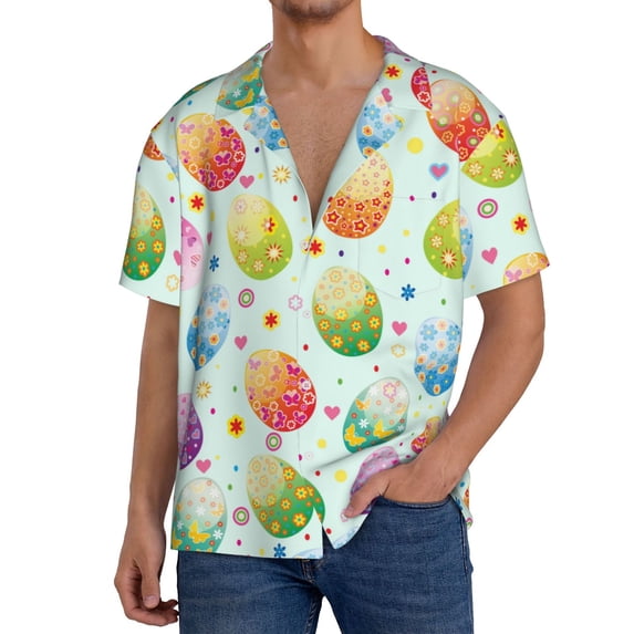 PAYOHTO Colorful Eggs Mens Hawaiian Casual Short-sleeved Shirt Tropical Summer Beach Button Down Shirts