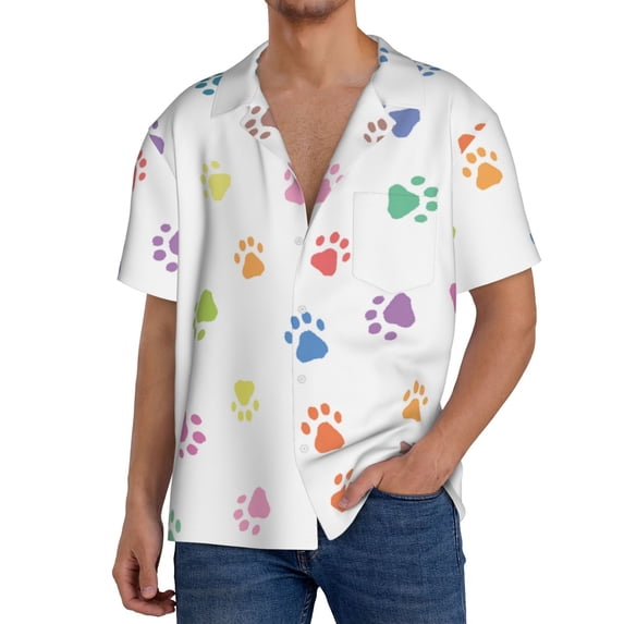 PAYOHTO Colorful Prints Cat Dog Paw Mens Hawaiian Casual Short-sleeved Shirt Tropical Summer Beach Button Down Shirts