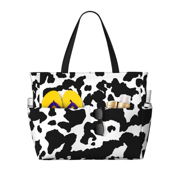 PAYOHTO Cow Skin Texture Print Dog Large Beach Tote Bags for Womens Mens Sandproof Swim Pool Bag with Zipper for Travel Vacation