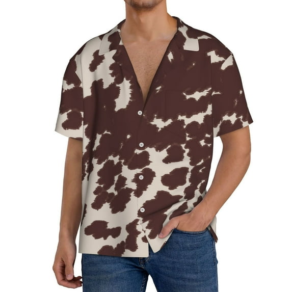 PAYOHTO Cow Textured Print Brown Mens Hawaiian Casual Short-sleeved Shirt Tropical Summer Beach Button Down Shirts