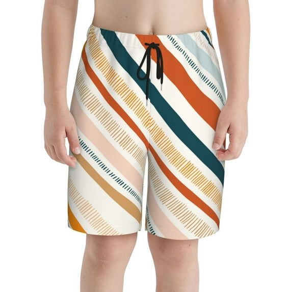 PAYOHTO Ethnic Vertical Line Stripes Boys Swim Trunks Quick Dry Beach Boardshorts for Teen Boys Bathing Suit Swimwear for Boys