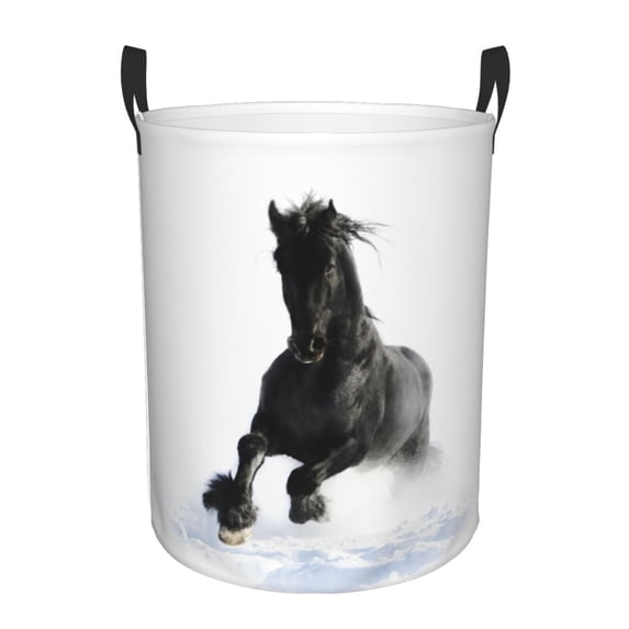 PAYOHTO Foldable Laundry Room Hamper Bucket Waterproof Bathroom Basket for College Student Living Room Storage Pillows Blankets Black Horse Runs in the Snow