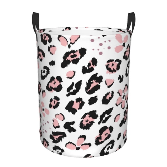 PAYOHTO Foldable Laundry Room Hamper Bucket Waterproof Bathroom Basket for College Student Living Room Storage Pillows Blankets Black Spotted Leopard Print & Pink Flower