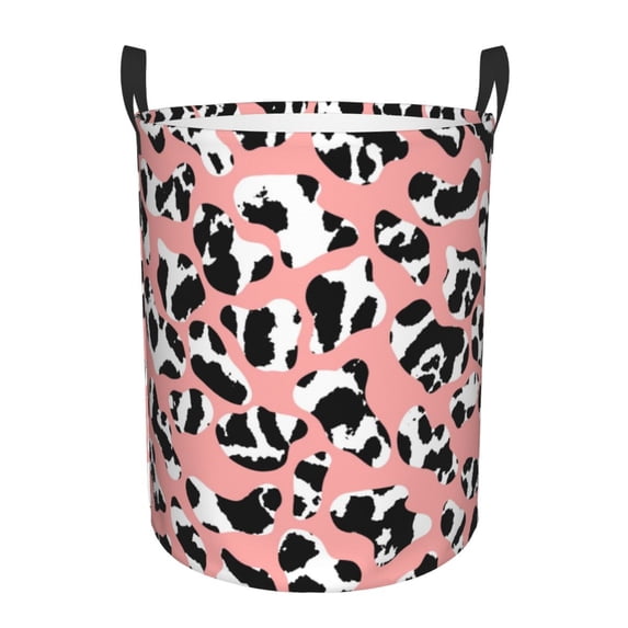 PAYOHTO Foldable Laundry Room Hamper Bucket Waterproof Bathroom Basket for College Student Living Room Storage Pillows Blankets Leopard Print Cow Skin Pink