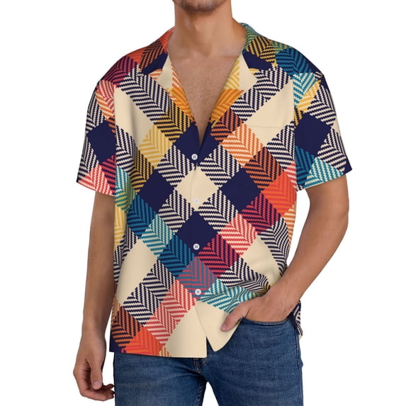PAYOHTO Gingham Check Plaid Pattern Mens Hawaiian Casual Short-sleeved Shirt Tropical Summer Beach Button Down Shirts