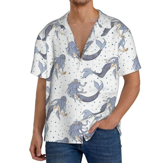 PAYOHTO Girl Mermaids Pattern Mens Hawaiian Casual Short-sleeved Shirt Tropical Summer Beach Button Down Shirts