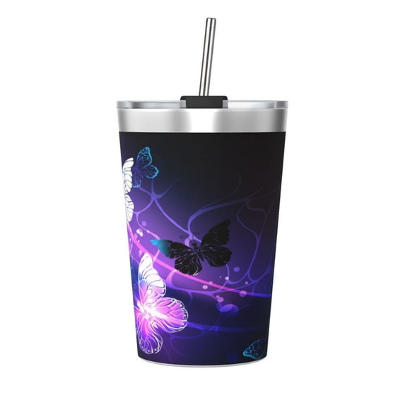 PAYOHTO Glowing Night Butterflies Insulated Stainless Steel Tumbler 12 oz Thermos Come with Straw Kids Leak-Proof Travel Mug Cup