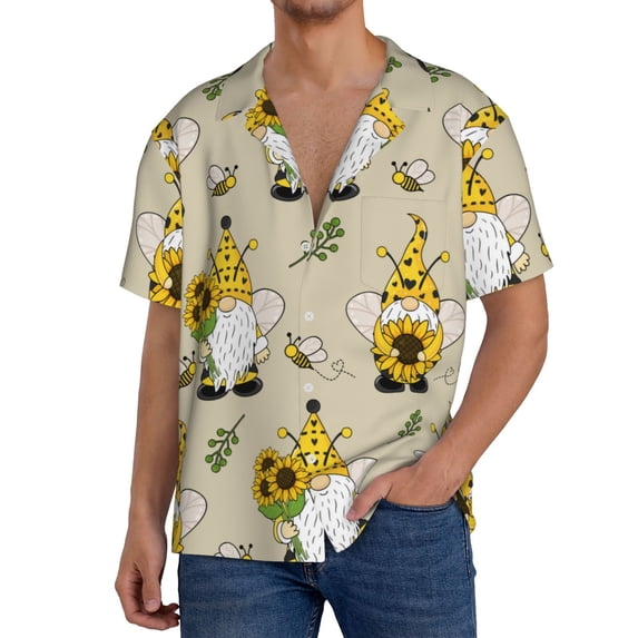 PAYOHTO Gnomes Bees and Sunflowers Cute Mens Hawaiian Casual Short-sleeved Shirt Tropical Summer Beach Button Down Shirts