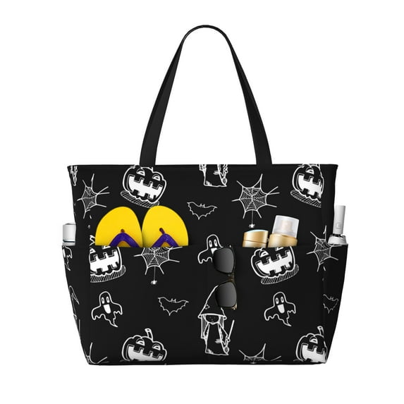 PAYOHTO Halloween Doodle Seamless Pattern Large Beach Tote Bags for Womens Mens Sandproof Swim Pool Bag with Zipper for Travel Vacation