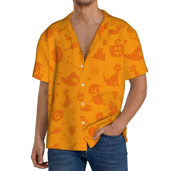 PAYOHTO Halloween Pattern Element Mens Hawaiian Casual Short-sleeved Shirt Tropical Summer Beach Button Down Shirts